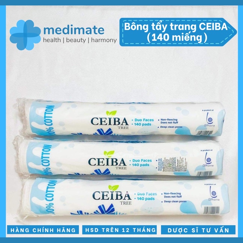 Bông tẩy trang CEIBA 100% cotton mềm mịn, không dính xơ bông 140 miếng