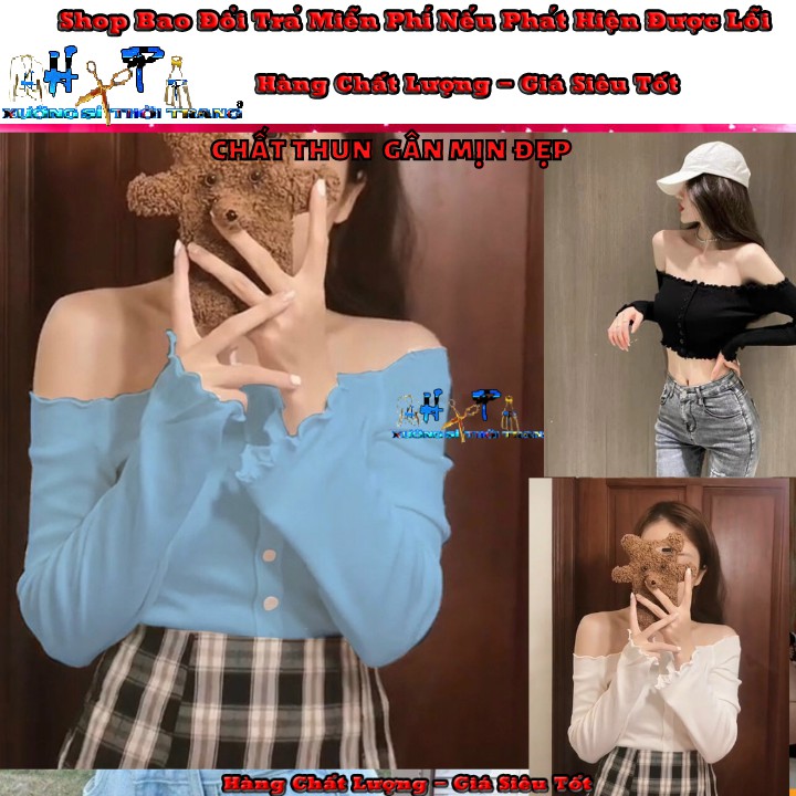 Áo croptop bẹt vai thun gân tay dài đính cúc hót trend thời trang 2020