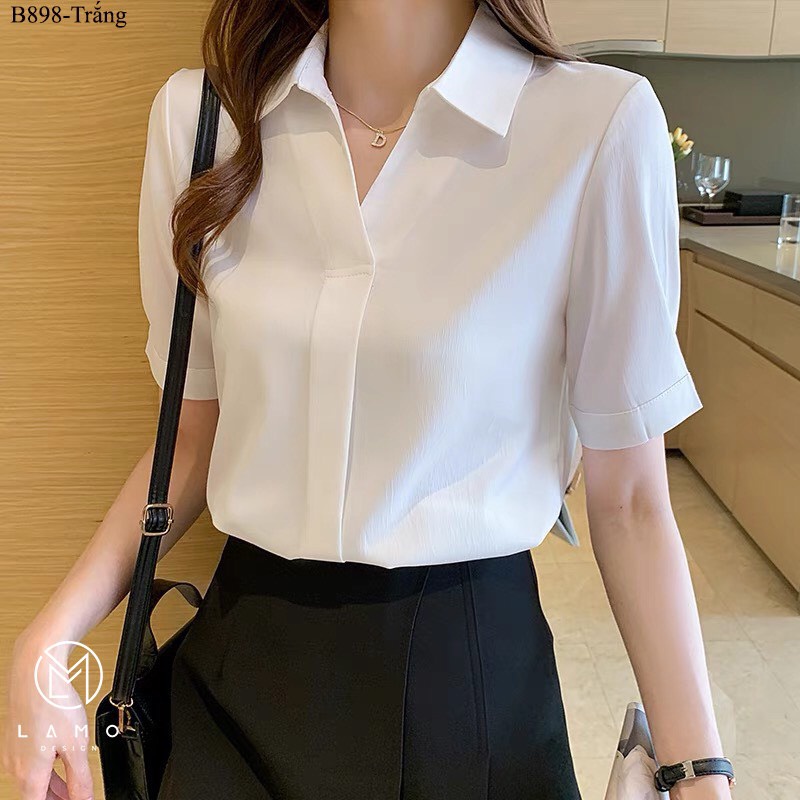 Áo sơ mi công sở nữ lụa ngọc trai cổ V tay ngắn B898