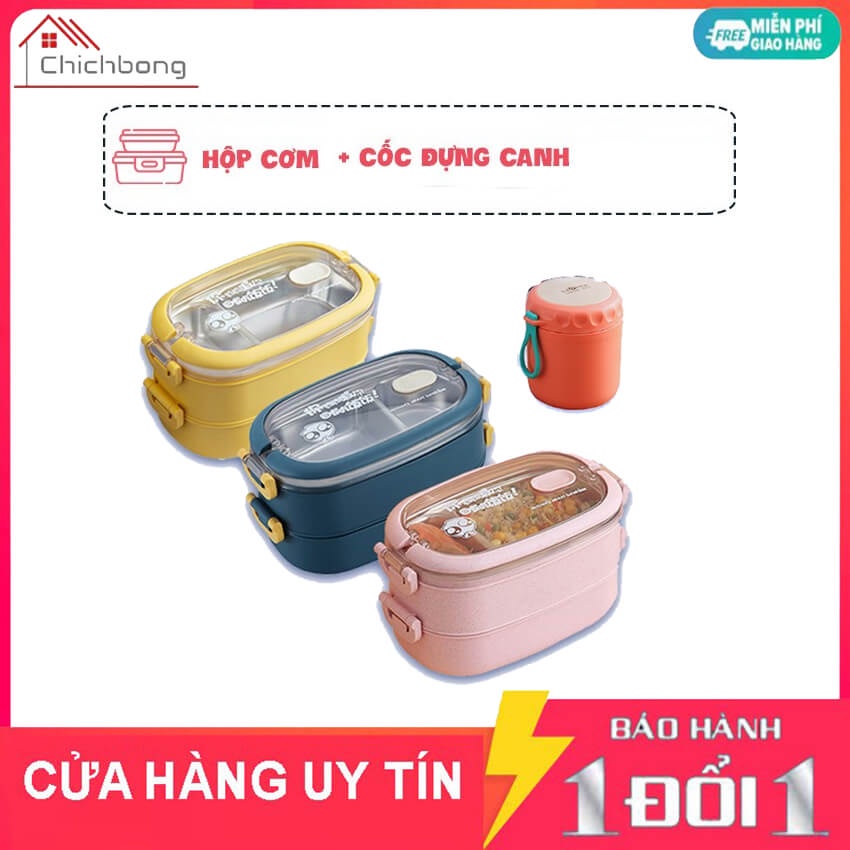 [COMBO] Hộp đựng cơm văn phòng giữ nhiệt lúa mạch 2 tầng lõi inox 304, dung tích 1,5 lít + Cốc ủ cháo