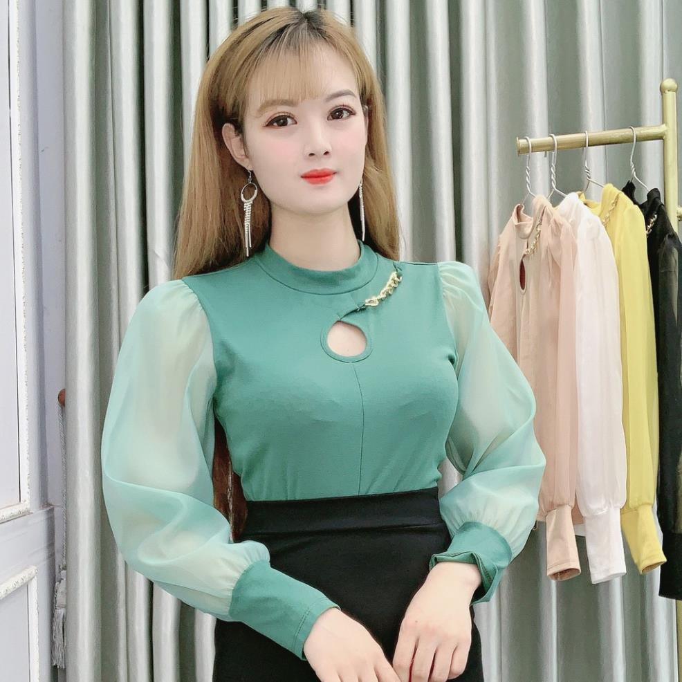 Áo Thun Nữ Công Sở Dài Tay Phối Lụa Cổ Tròn - 4 Màu Be, Xanh, Trắng, Vàng - Thời Trang Nữ Hanlly Fashion - AO76  ྇