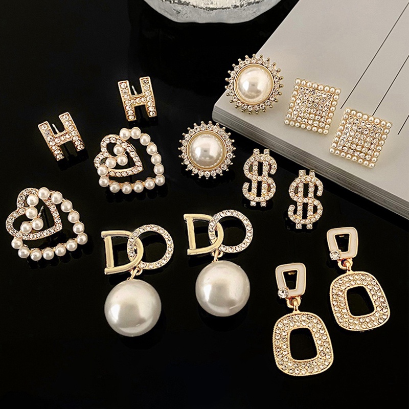 Bông tai có hình chữ cái đính đá ngọc trai nhân tạo hợp thời trang