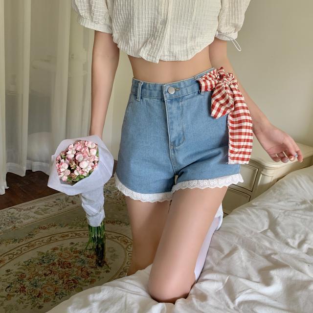 Quần short denim JSC lưng cao ống rộng phối ren phong cách Nhật Bản dễ thương cho nữ