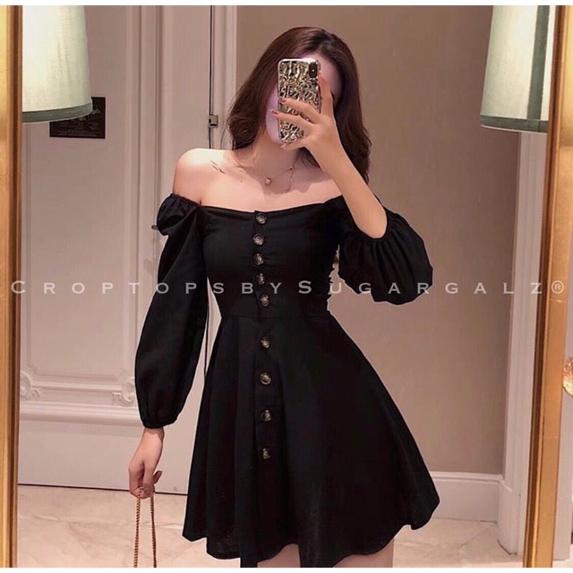 Váy đầm xoè trễ bẹt vai tay bồng khuy cài - by SugarG