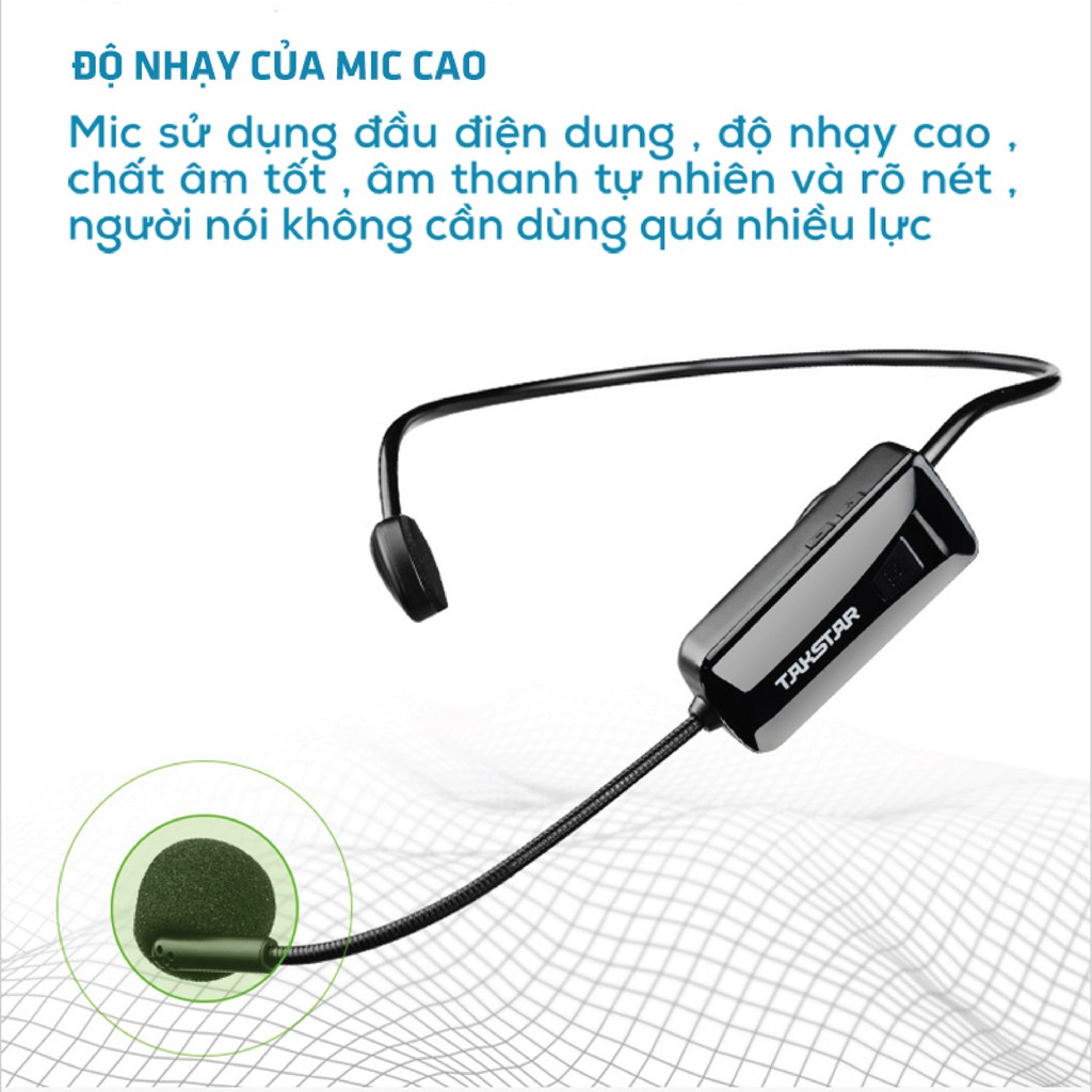 Micro cài đầu không dây TAKSTAR HM-200W, công nghệ UHF, Kèm zắc 6 ly ra 3.5 (Takstar HM 200W). Míc trợ giảng không dây