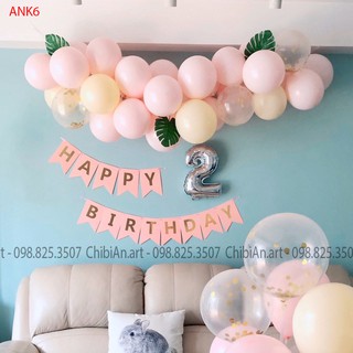 Set phụ kiện trang trí sinh nhật ANK6 cho bé đẹp rẻ - Bóng bay - Kèm Phông bạt & In tên - Màu hồng pastel
