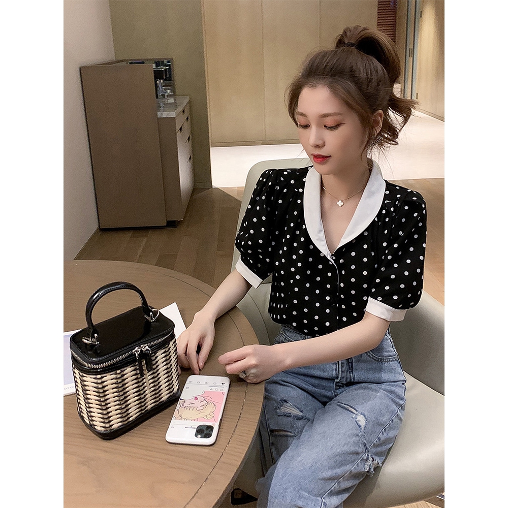 SUXI Áo Sơ Mi Chiffon Cổ V Tay Phồng Họa Tiết Chấm Bi Kiểu Retro Thời Trang Mùa Hè Cho Nữ
