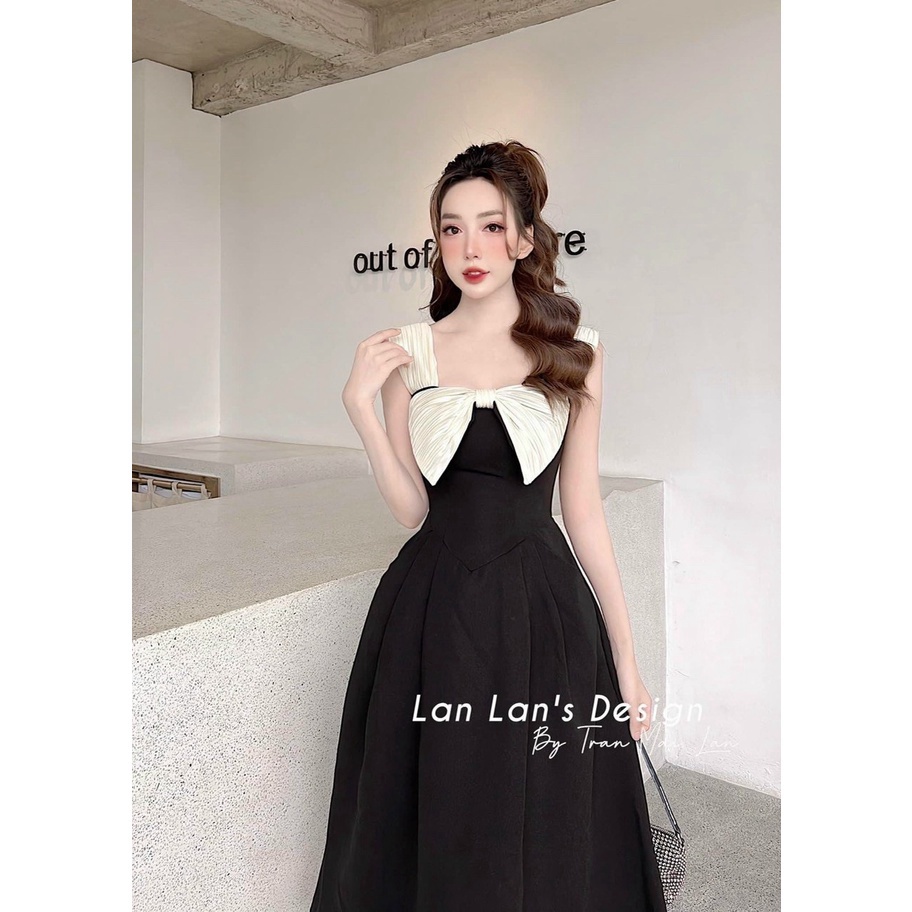 Đầm công chúa dự tiệc, váy thiết kế xòe dáng dài, đầm đen 2 dây nơ to ôm eo sang trọng cực tôn dán