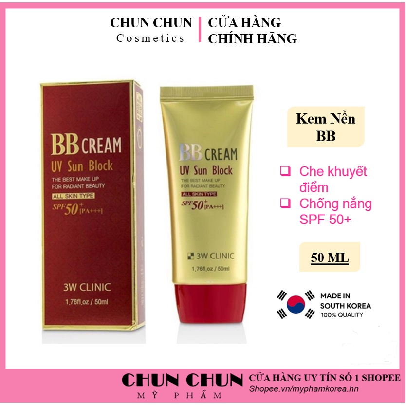 Kem nền trang điểm chống nắng BB Cream UV Sun Block 3W Clinic Hàn Quốc 50ml giúp bảo vệ da trắng sáng tự nhiên