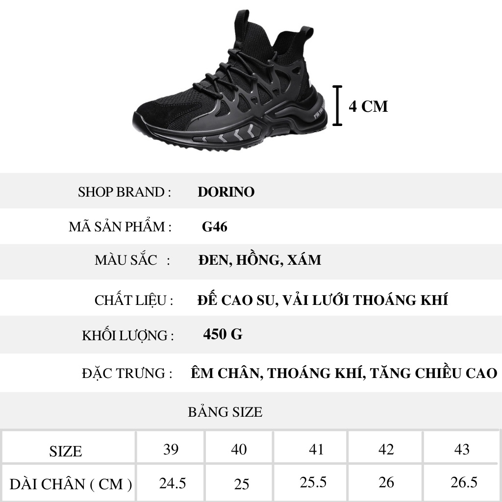 Giày sneaker nam cao cổ cao cấp đế độn buộc dây thoáng khí thời trang phong cách size 39 đến 43 DORINO MS46