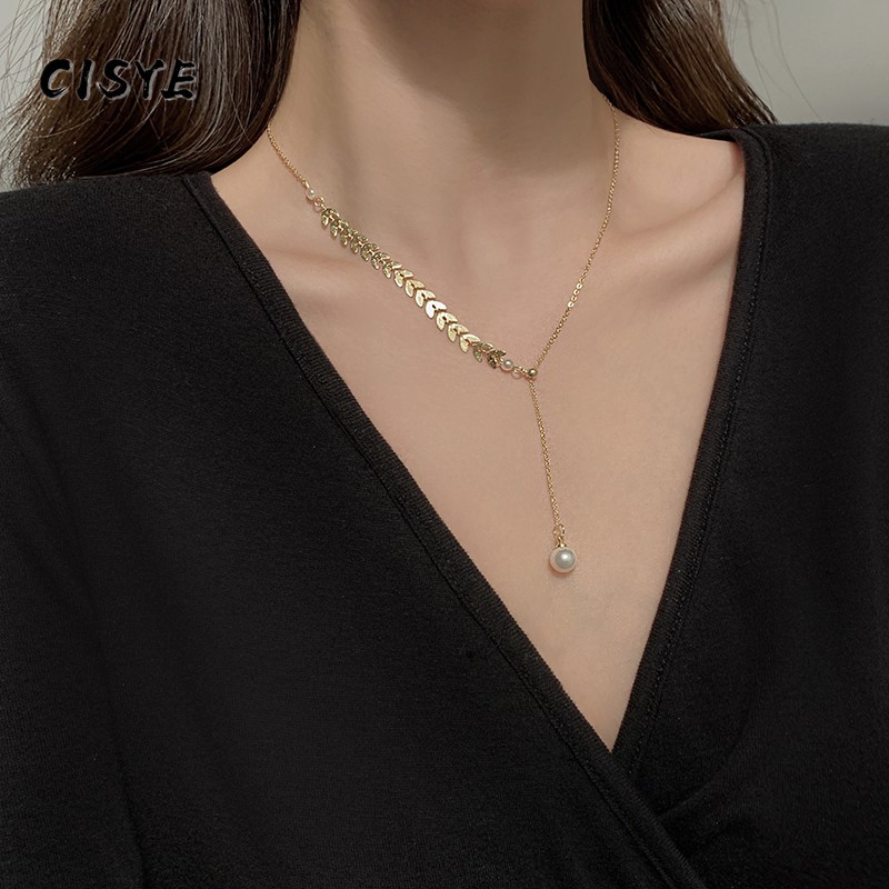 Dây chuyền thiết kế hình lá lúa mì phối mặt đính hạt ngọc trai nhân tạo có thể điều chỉnh thời trang cho nữ