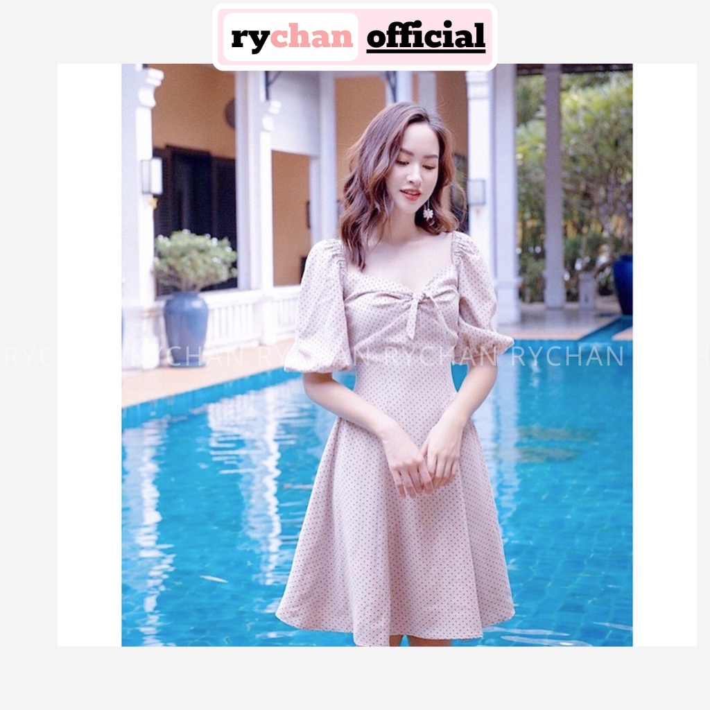 Đầm Xoè Chấm Bi Thắt Nơ Ngực Tay Phồng - DX051