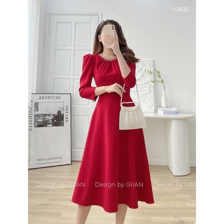✨BÁN SỈ✨Đầm đỏ dài tay dáng xòe cổ cúc ngọc