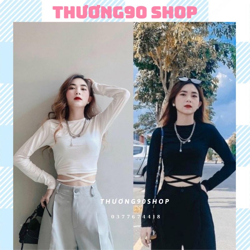 Áo Croptop CỘT DÂY EO TAY DÀI  Sexy, Cổ Tròn,Trơn, Thun Lạnh Nữ Kiểu hàn quốc - THƯƠNG90 SHOP