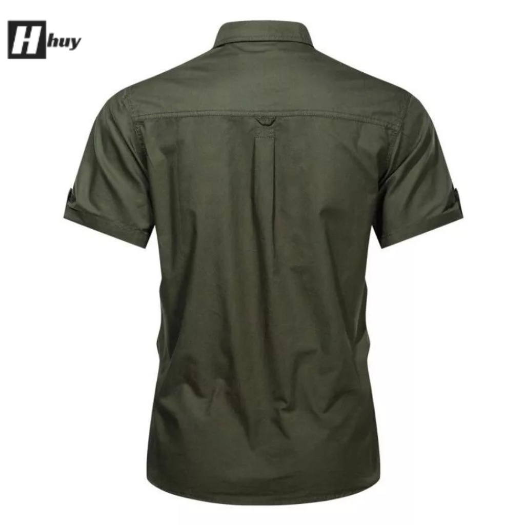 Áo sơ mi nam ngắn tay kaki phối túi hộp lên form cực chuẩn