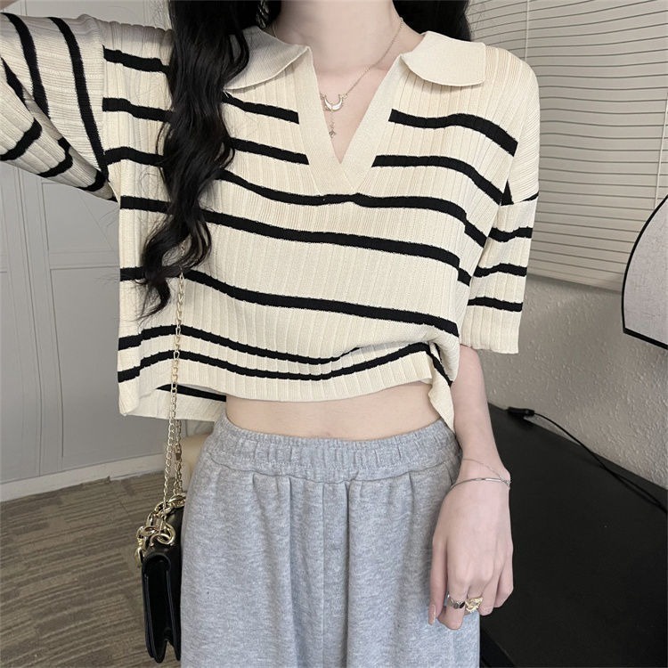 Áo thun dệt kim ZHELIHANGFEI cổ polo họa tiết kẻ sọc thời trang cá tính