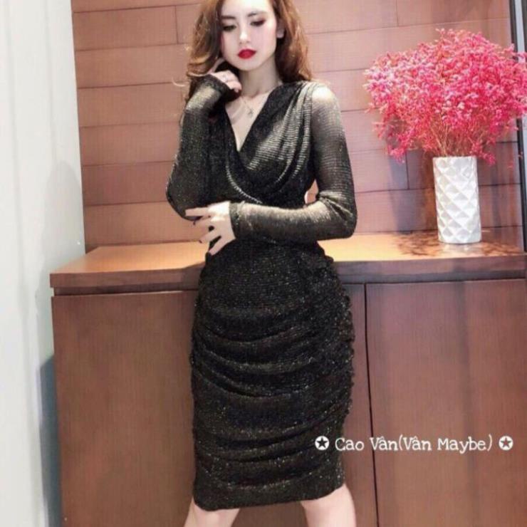 ĐẦM BODY NHŨ KIM TUYẾN CAO CẤP ( Size S-M-L-XL ) tay dài cổ V đắp chéo DỰ TIỆC New !