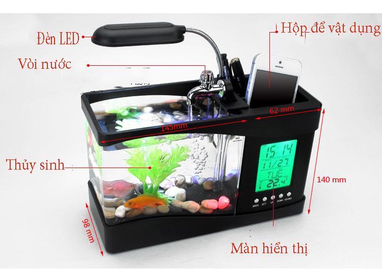 Bể cá mini usb để bàn AQUARIUM,màn hình LCD hiển thị thời gian,nhiệt độ,ngày tháng,lưu thông nước tốt cho cá sống tốt