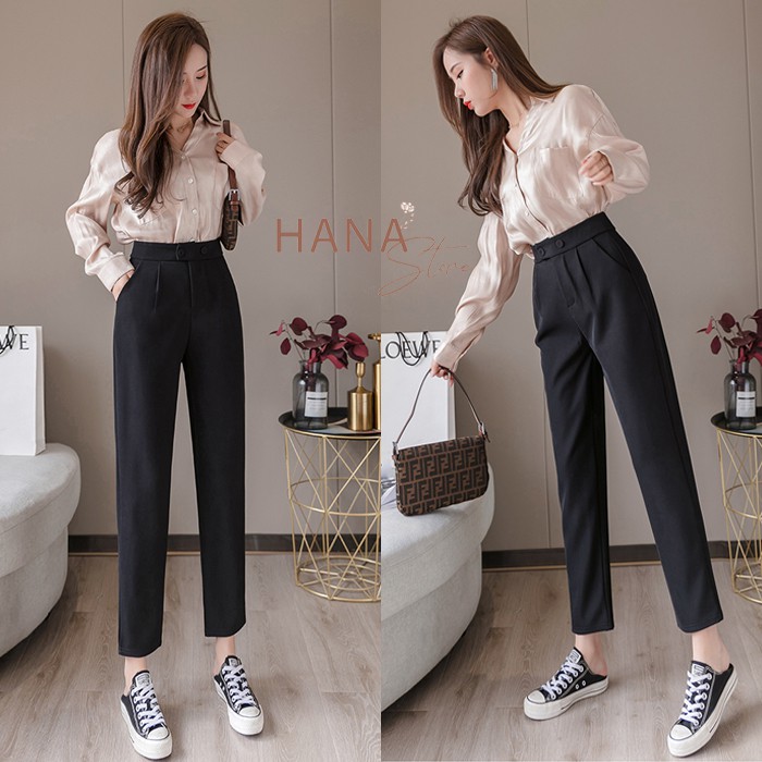 Quần baggy công sở nữ 2 cúc bấm cạp lưng cao màu Đen dài ống bằng đứng - Mặc đi làm đi học sinh - Vải Vintex dày dặn mềm | BigBuy360 - bigbuy360.vn