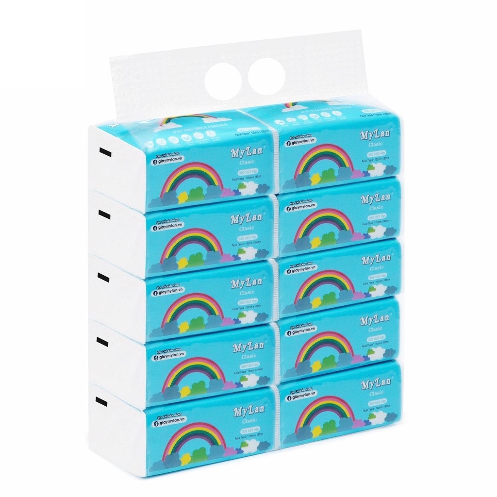 Giấy Ăn Cầu Vồng MyLan siêu dai, mềm mịn, không tan trong nước (300 Tờ/Gói, 1 Xách 10 Gói)