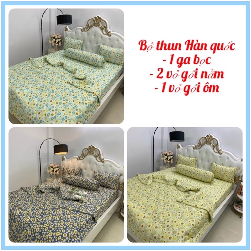 Bộ Ga Gối { 4 Món } Thun Lạnh Hàn Quốc họa tiết Bông Cúc ( 1 ga bọc + 2 vỏ gối nằm + 1 vỏ gối ôm )