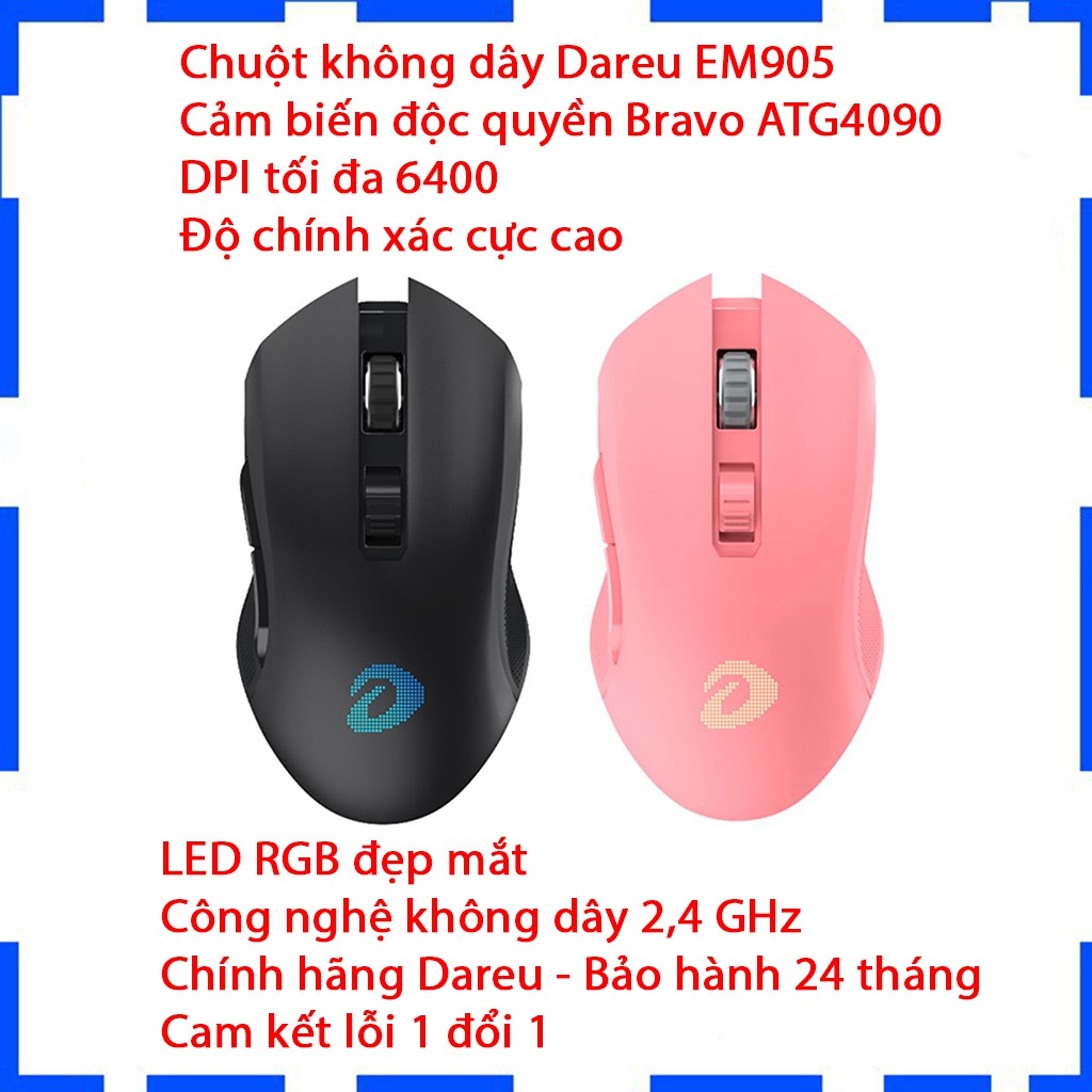 Chuột không dây Gaming DAREU EM905 PRO [ Màu Đen + Hồng, Led RGB - Bravo Sensor ]