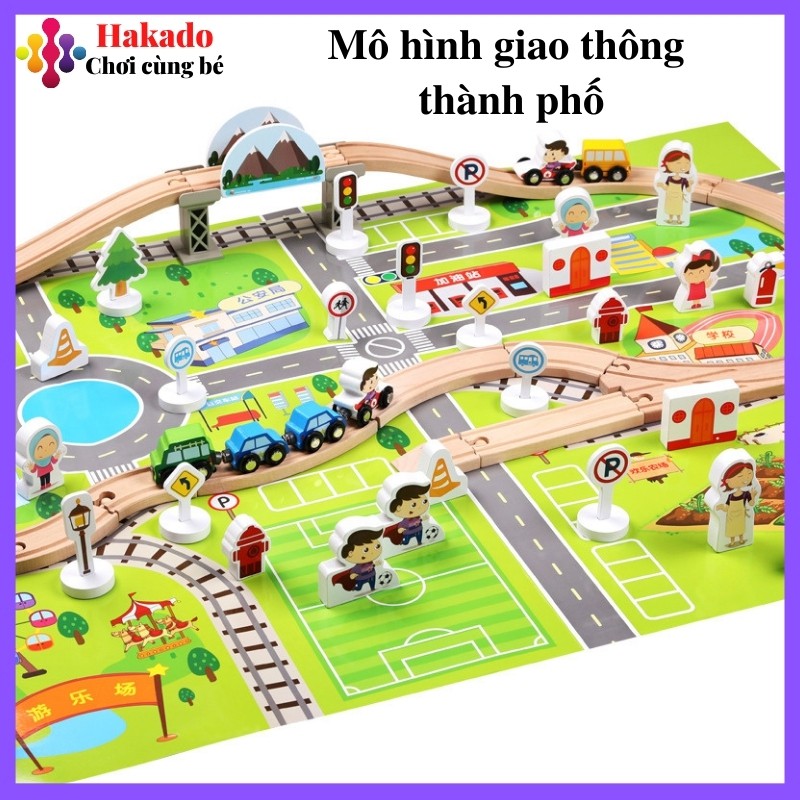 Đồ chơi mô hình 80 khối xây dựng giao thông thành phố bằng gỗ cho bé phát triển tư duy