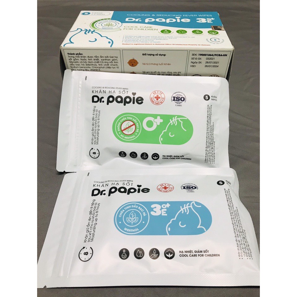 Khăn lau hạ nhiệt, giảm sốt thảo dược Dr.Papie chính hãng cho bé từ 0m+ trở lên