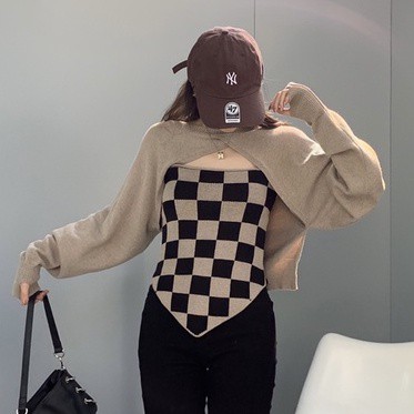 QADCOL Set áo hai dây và áo khoác len họa tiết ca rô thời trang dành cho nữ