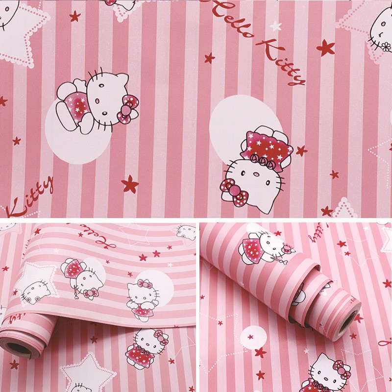 (Combo 5m) Giấy dán tường Hello Kitty sọc hồng khổ rộng 60cm có keo sẵn, Decal giấy dán tường màu hồng dễ thương