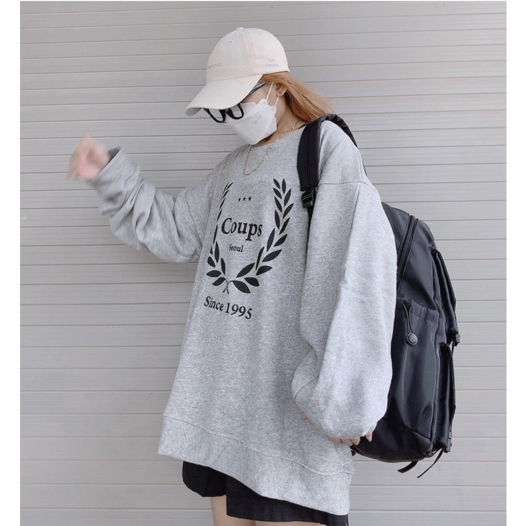 Áo sweater nữ HAVE FUN màu xám basic chất nỉ ngoại, áo nỉ thu đông unisex form rộng oversize thời trang ulzzang