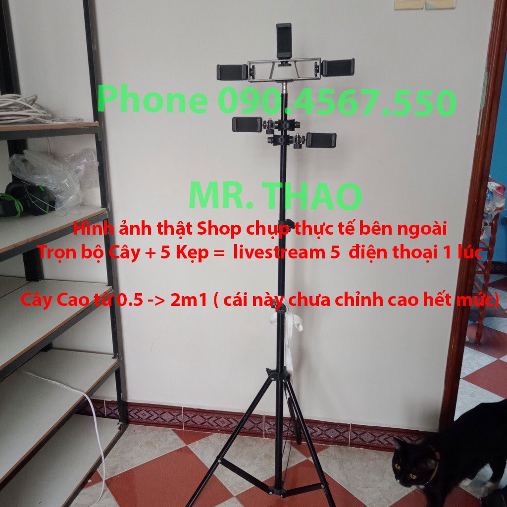 Bộ Cây Tripod + 5 Kẹp điện thoại + 5 Càng xoay 360 độ , Gậy chụp ảnh 3 chân, Cây livestream quay video, dựng phim