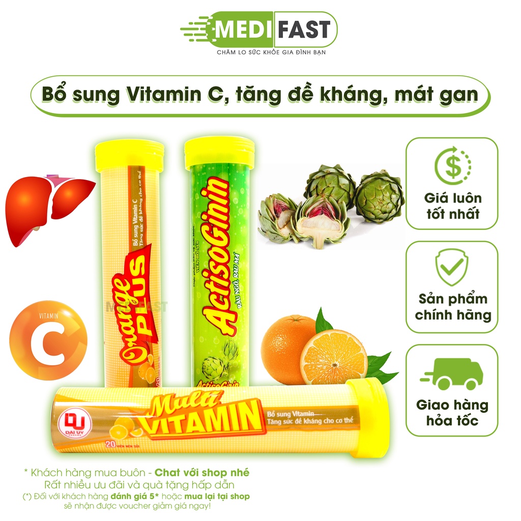 Viên sủi vitamin C, tăng sức đề kháng, giảm mệt mỏi, mát gan, lợi tiểu Đ.Y hương cam, actiso - Tuýp 20 viên