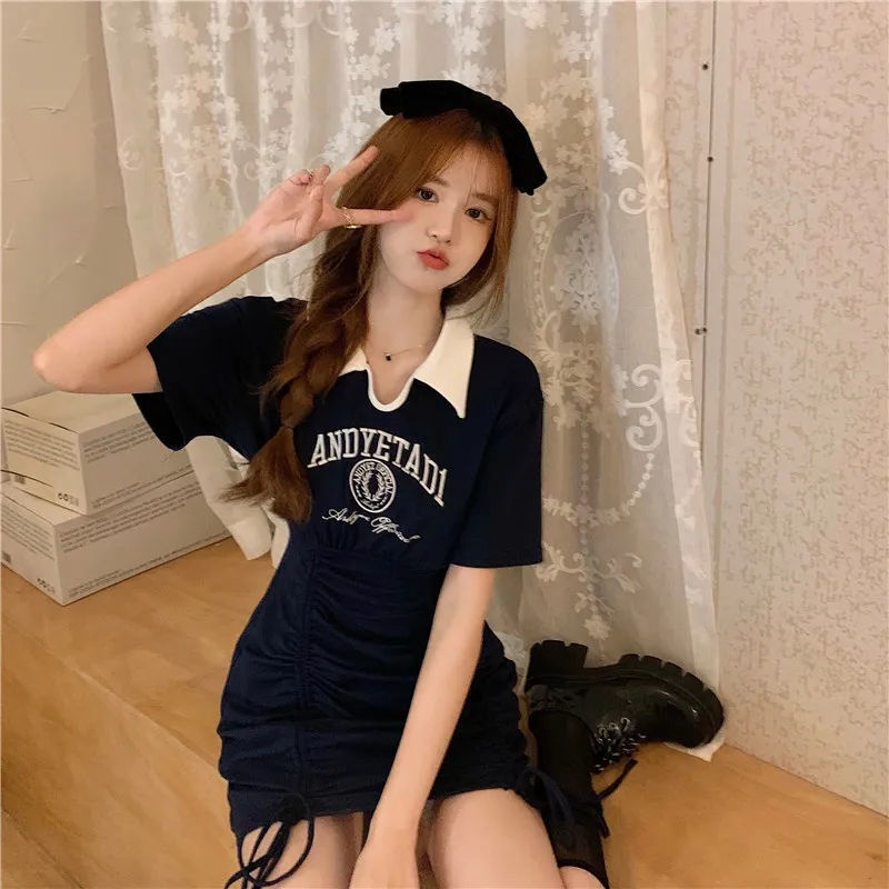 COZOK Đầm Ngắn Tay Cổ Bẻ Thiết Kế Dây Rút Xếp Ly Nữ Tính