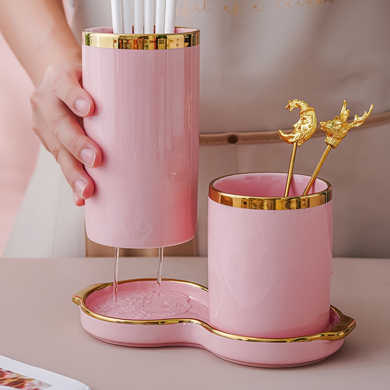 Ống Đựng Đũa - Giá Kệ Đồ Để Đũa,thìa,muỗng - Hũ Đựng Dao Kéo Bằng Sứ Viền Vàng Cao Cấp Phong Cách Bắc Âu