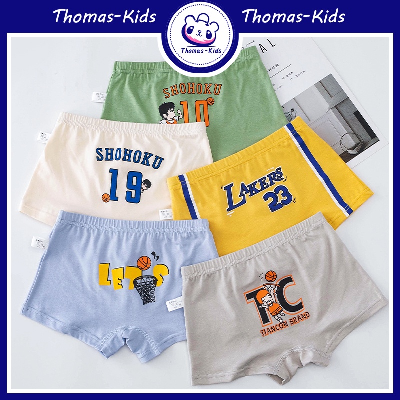 [THOMAS KIDS] 5 chiếc Quần lót trẻ em Boxer Đồ lót Cậu bé 100% cotton Thoải mái Bóng rổ Lakers 23 Phim hoạt hình Slam Dunk Mô hình 3D Đồ lót cho Bé Đồ lót Boxer cho 3-12 Tuổi