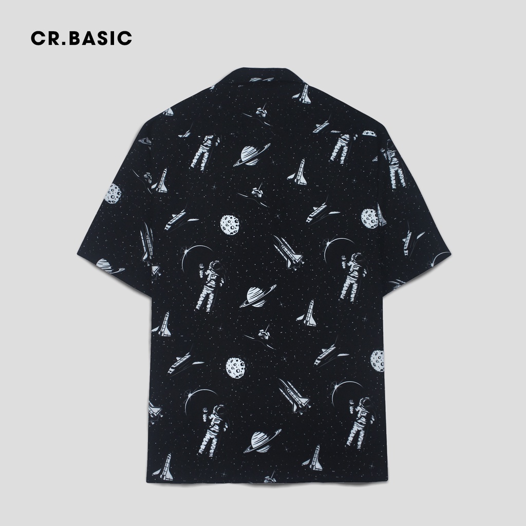 Áo sơ mi tay ngắn nam nữ CR.BASIC form rộng sơ mi họa tiết ngắn tay unisex cộc tay phi hành gia đen