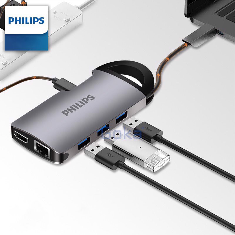 Cáp chia Type C sang 3 USB 3.0 + HDMI 4K + khe đọc thẻ micro SD + SD + Lan Gigabit DLK 6518c/94 8 in 1