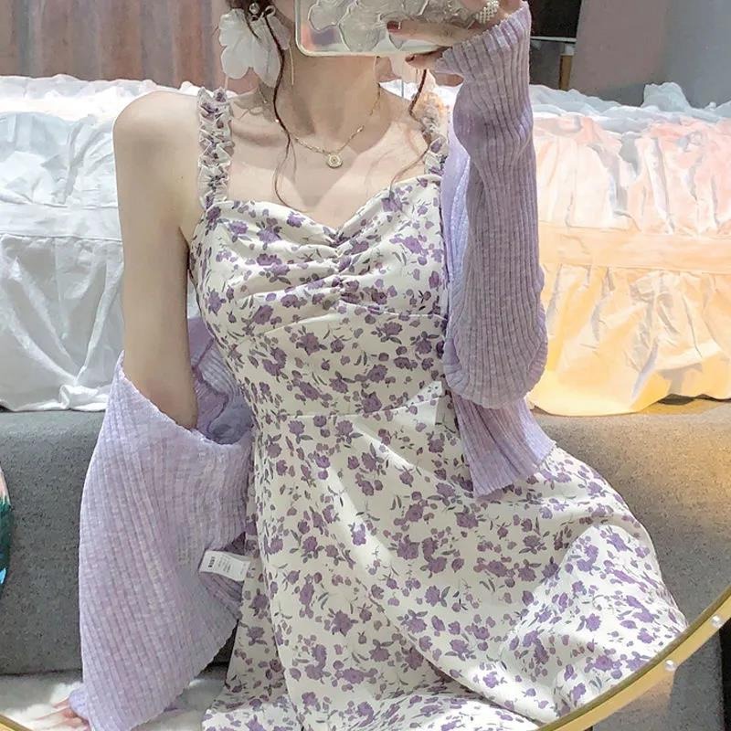 Đầm hai dây họa tiết hoa ZHELIHANGFEI / Áo khoác cardigan ZHELIHANGFEI dệt kim thời trang xinh xắn cho nữ