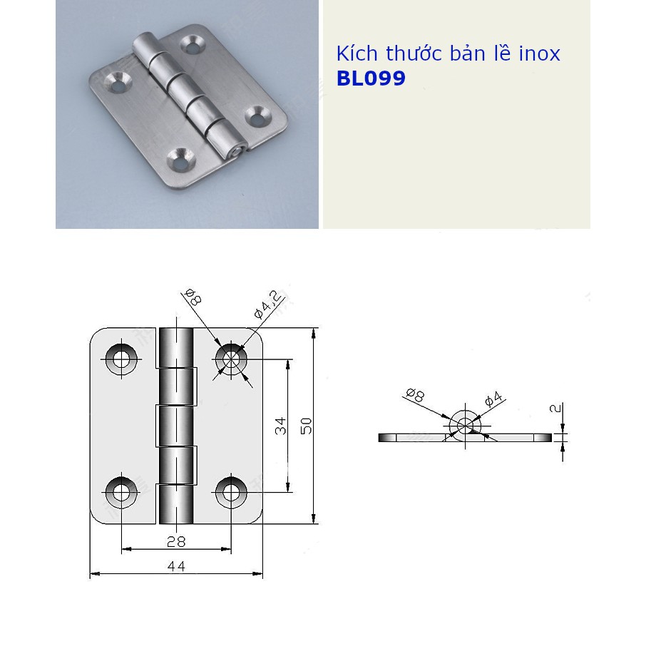 Bản lề inox 304 kích thước 44x50, dày 2mm BL099