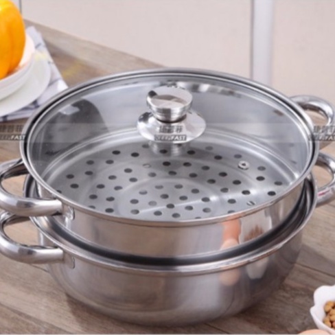 Nồi hấp inox 2 tầng kèm lẩu -  vung kính 28cm