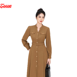 Đầm tuýp si nâu bò thắt đai, dáng dài cổ V nẹp đính cúc (Limitted) Toson 43592N62