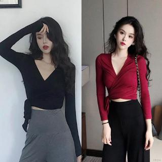 Áo croptop dài tay thiết kế cổ chữ V thời trang cho nữ