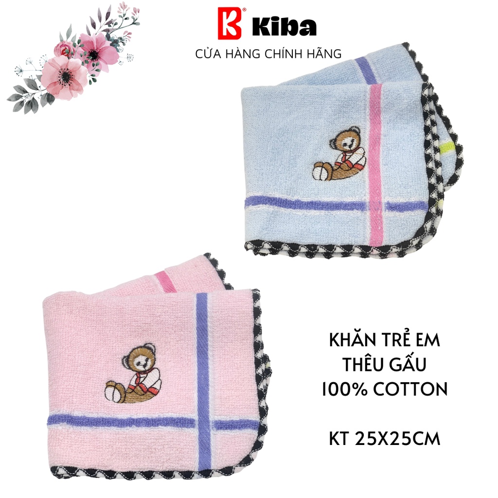 Khăn Mặt Cho Bé KIBA Thêu Hình Gấu Ngộ Ngĩnh, Chất Cotton Êm, Mềm, Thấm Hút, An Toàn Cho Da