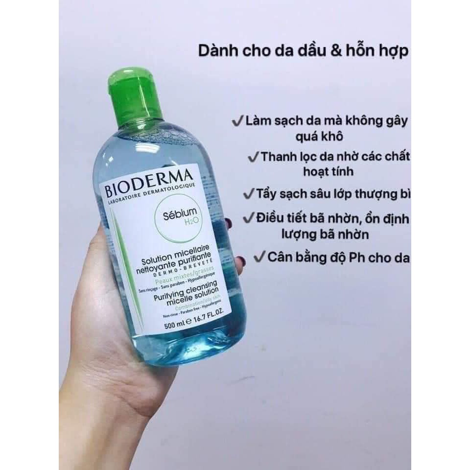 Nước Tẩy Trang Bioderma H2O 500ml Créaline Hồng, Sébium Xanh lá, Hydrabio Xanh dương [BẢN NỘI ĐỊA PHÁP]- Kamy Beauty