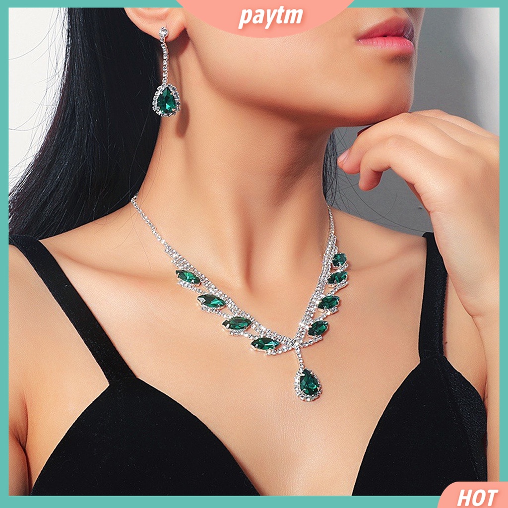 1 Bộ Vòng cổ + Bông Tai Mạ Điện Hình Giọt Nước Đính Đá Lấp Lánh Cho Cô Dâu