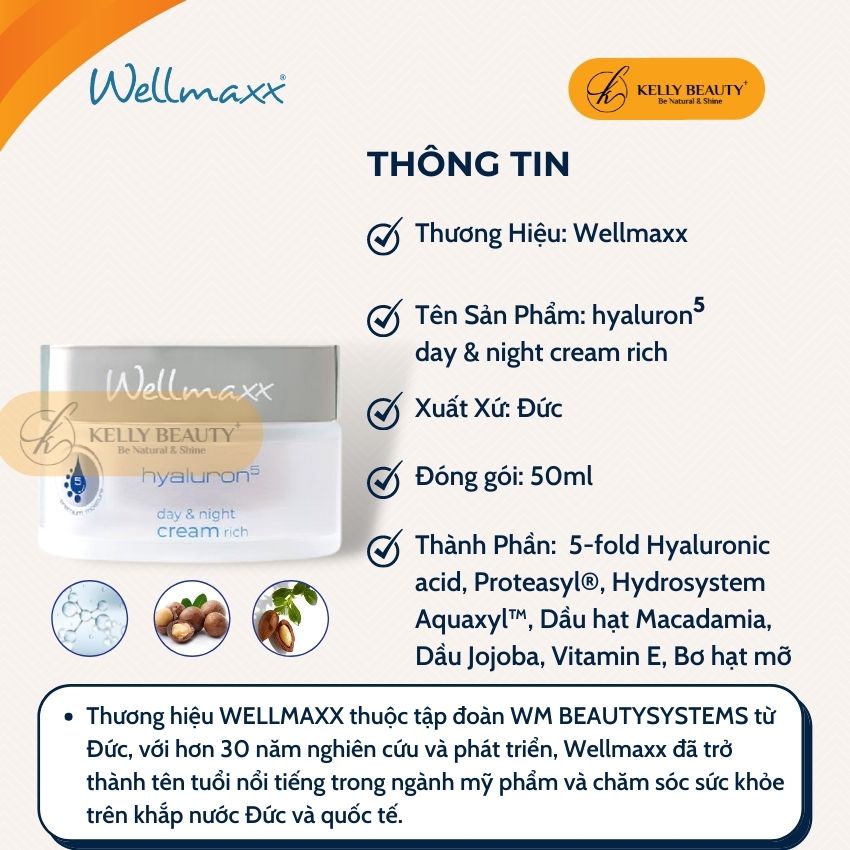 Kem Dưỡng Ẩm Sâu WELLMAXX Hyaluron5 50ml - Cấp &amp; Giữ Ẩm Sâu, Giúp Da Căng Mịn, Đàn Hồi; Chống Lão Hóa Da | Kelly Beauty