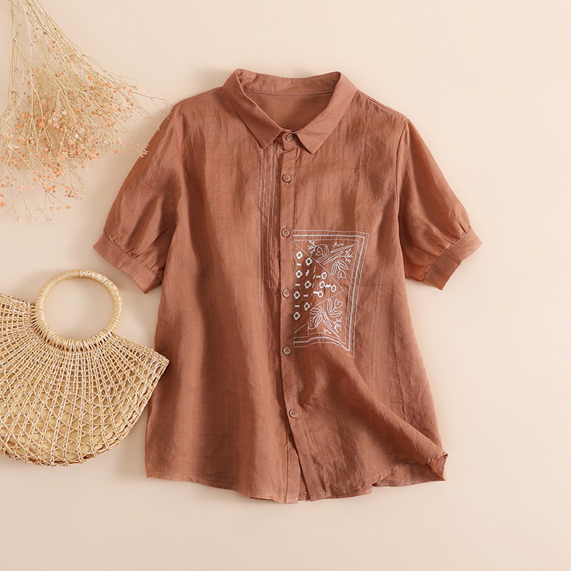 Áo cotton lanh tay ngắn thêu họa tiết phong cách retro