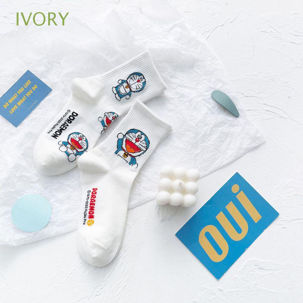 Tất cotton cổ cao in hình mèo Doraemon dễ thương phong cách Hàn Quốc cho nữ