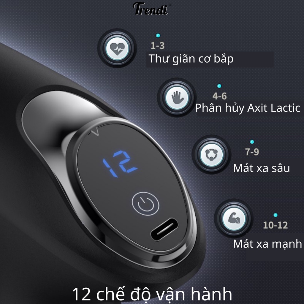Máy Massage Cầm Tay TRENDI PS818 -12 Cấp Độ - 4 Đầu Massage Chuyên Sâu Giảm Đau Cơ, Màn Hình LED cảm ứng